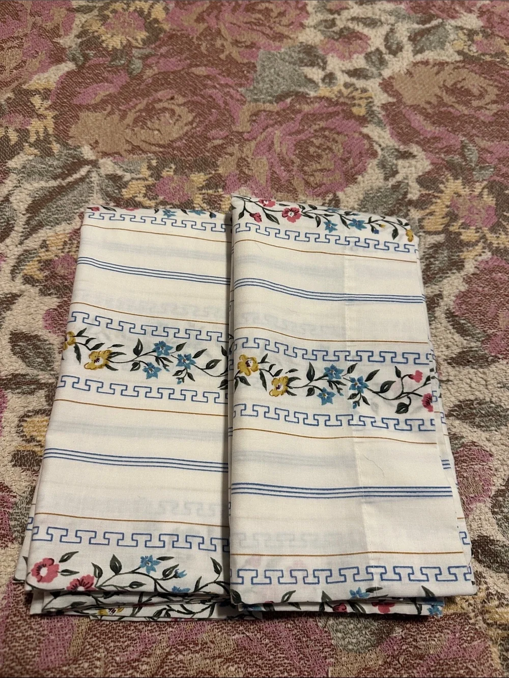 Vintage Floral Stripe Cotton Pillowcases in White with Multicolor Floral Trim